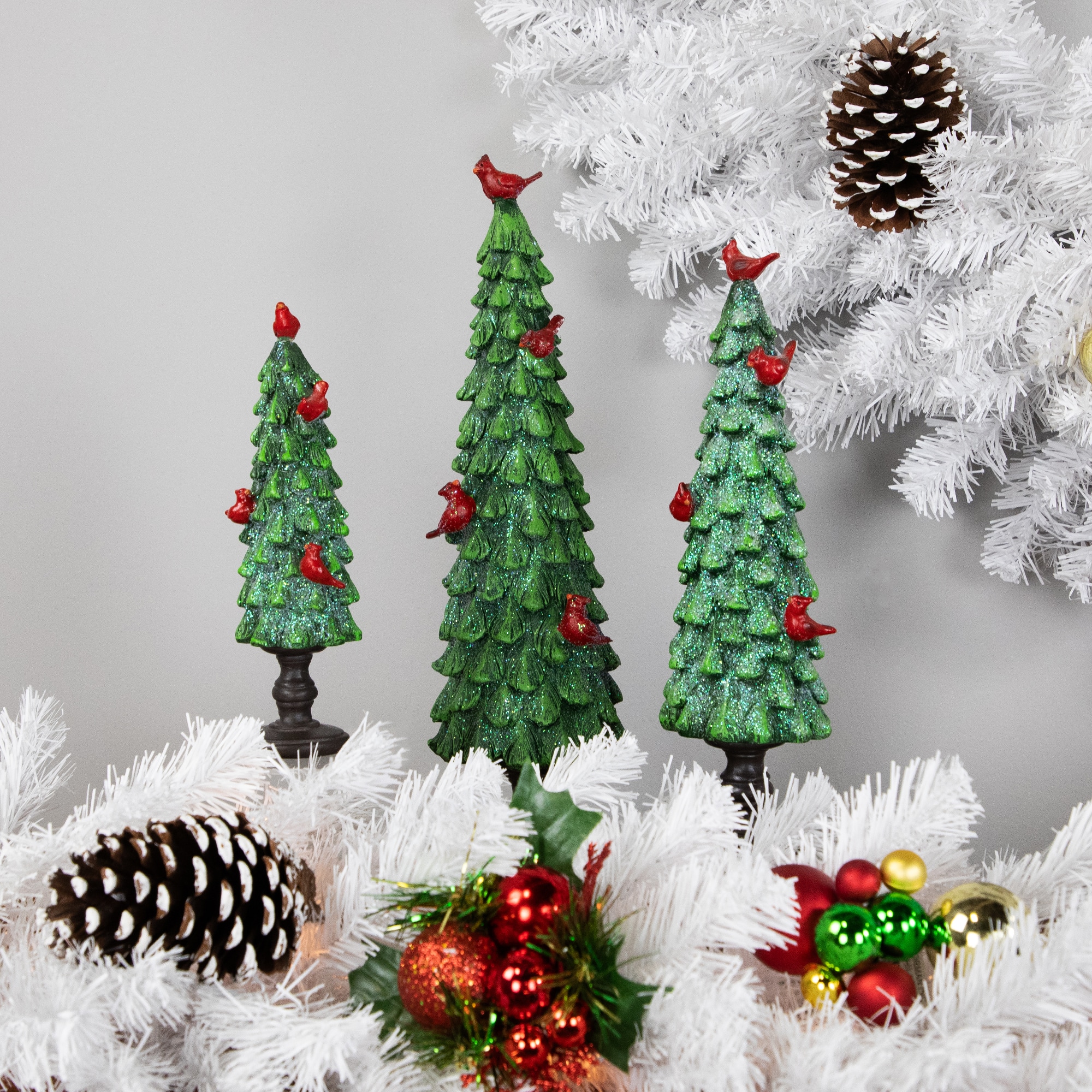 14.5" Green & Red Glittered with Red Cardinals Decoration Christmas Tree